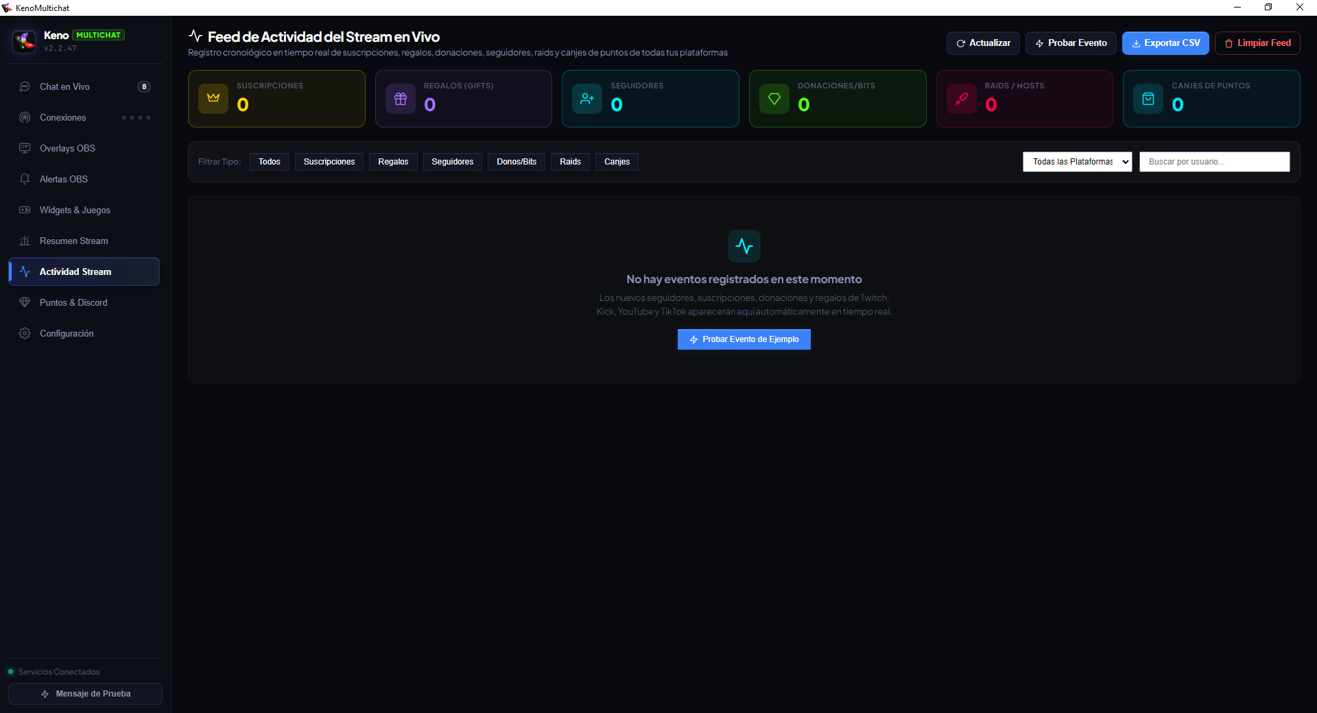 KenoMultichat - Feed de actividad en tiempo real con historial de eventos del directo