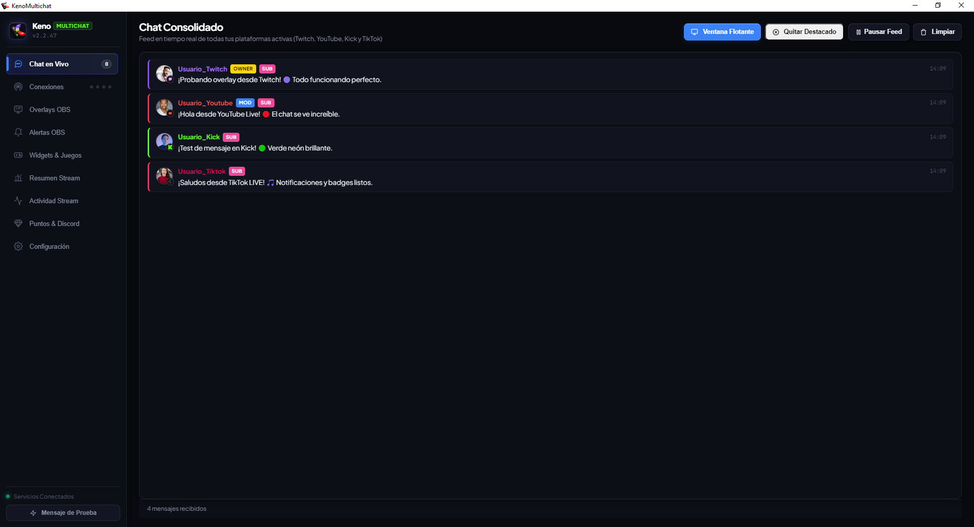 KenoMultichat - Interfaz del chat consolidado de Twitch, YouTube, Kick y TikTok