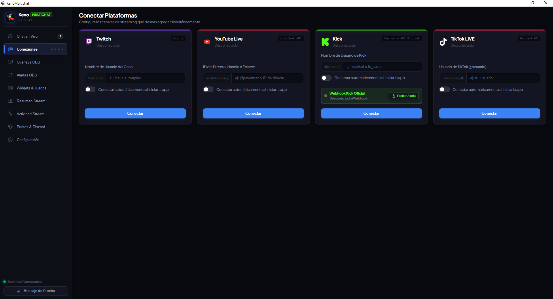 KenoMultichat - Panel de conexiones simultáneas a 4 plataformas de streaming