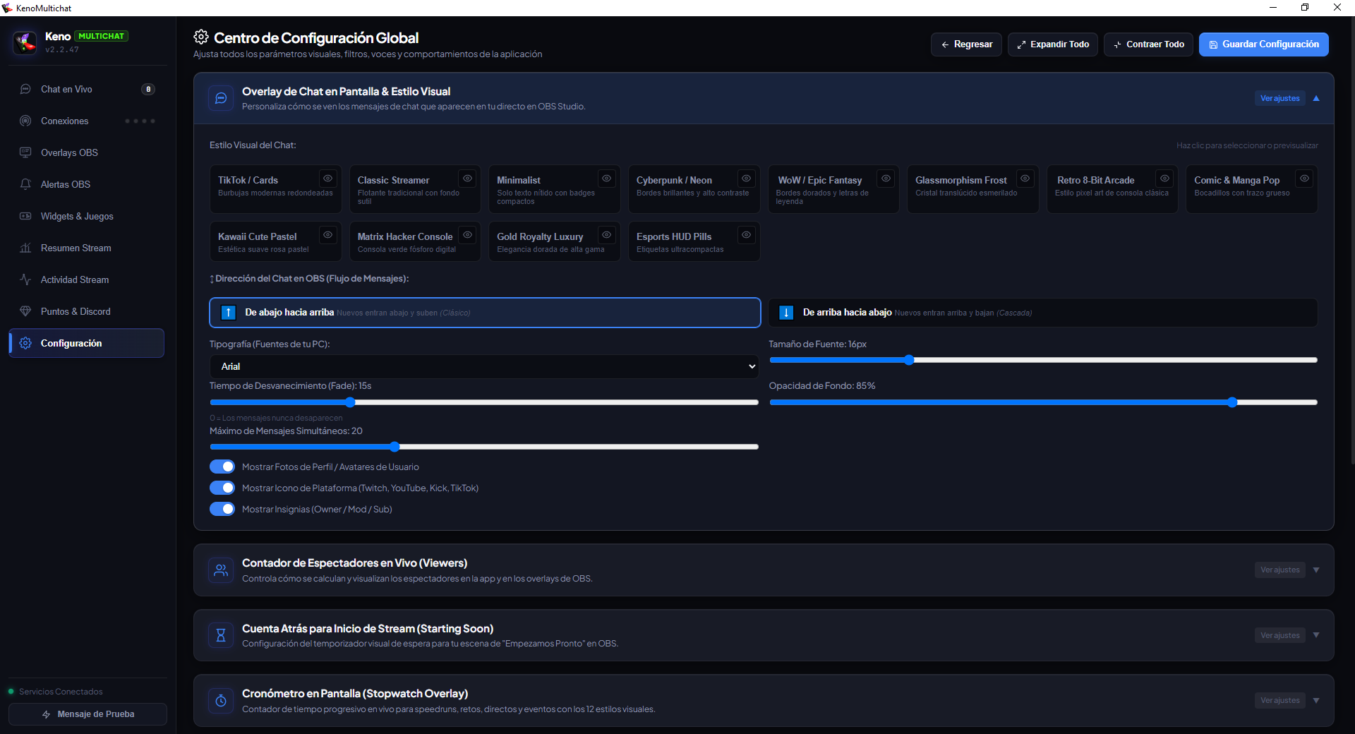 KenoMultichat - Personalización con 11 estilos visuales transparentes de chat