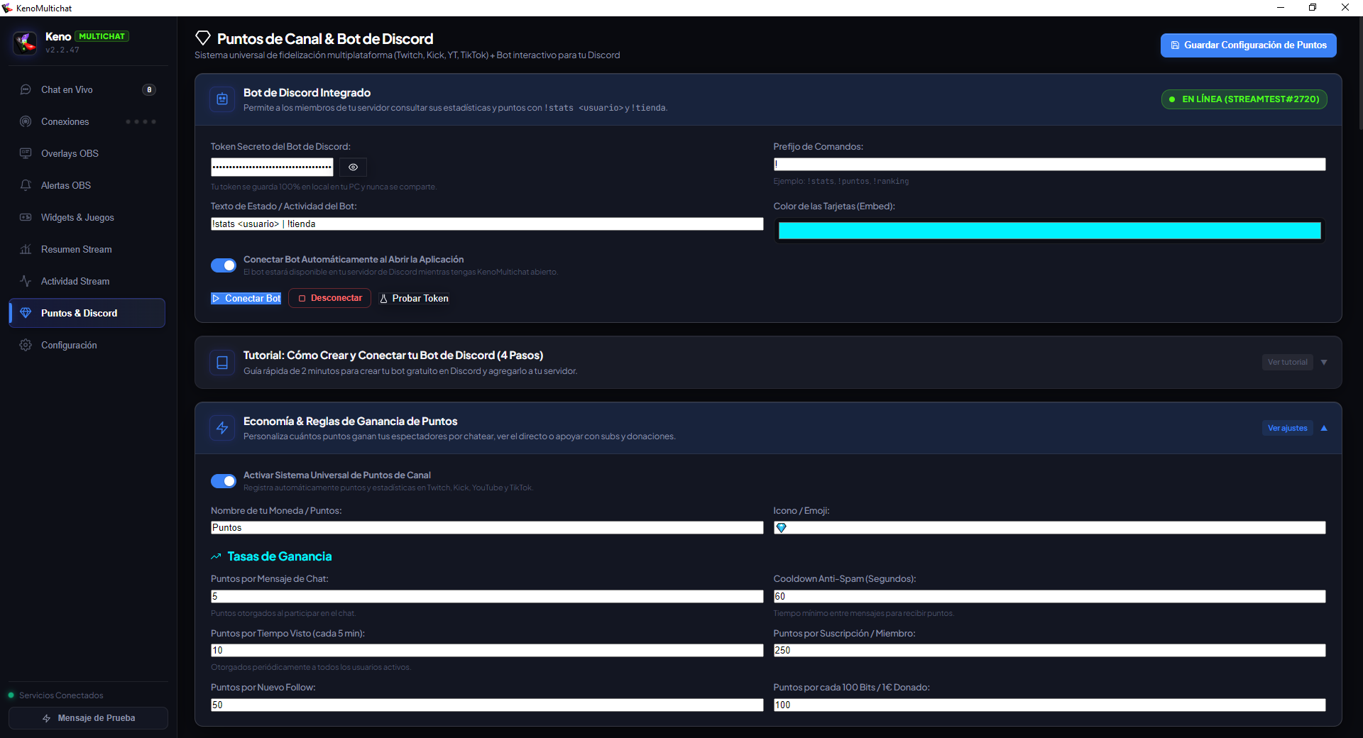KenoMultichat - Motor universal de puntos de canal con bot autónomo de Discord